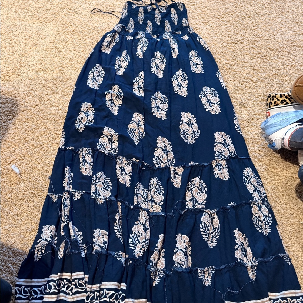 Navy Blue Maxi Dress with White Floral Pattern